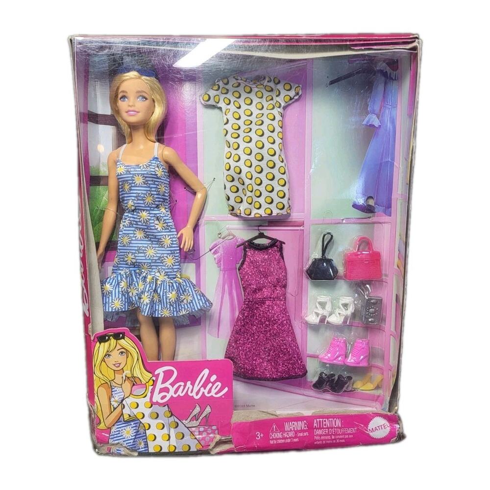Barbie Doll & Fashion Gift Set with Outfits-Dress-Shoes-Bags New with Box Damage